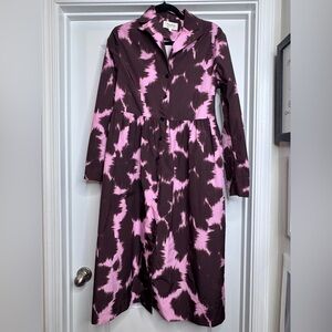 PSOPHIA Printed Taffeta Collared Long Sleeve Dress Brown & Pink w/ Pockets